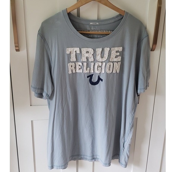 True Religion Shirt Mens XXXL Blue Y2K Stitched Big Logo Crew Neck Short Sleeve - Picture 1 of 9